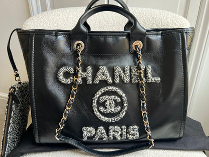 Chanel Deauville Tote in Black Glazed Calfskin and Monochrome Boucle Tweed (RRP £5800)