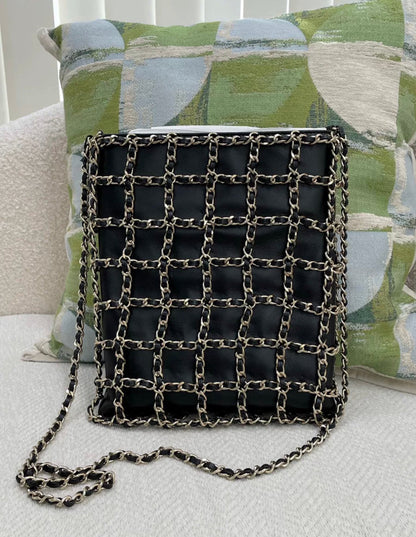Chanel 2022 Black Leather Gold Chain Large Shopping Tote Gold Hardware