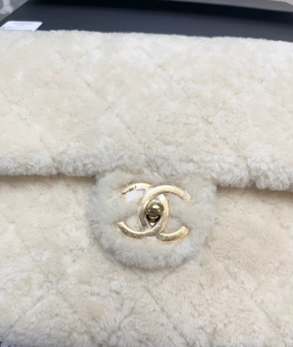 Chanel 24K Off-White Shearling Chain Flap Bag With Gold Hardware