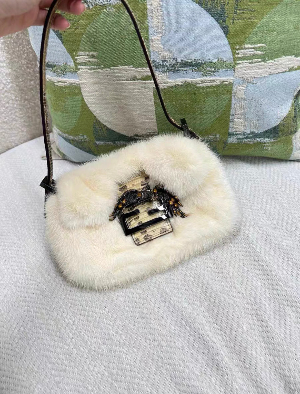 Rare Fendi Baguette Bag Fur With Lizard And Crystals Birds