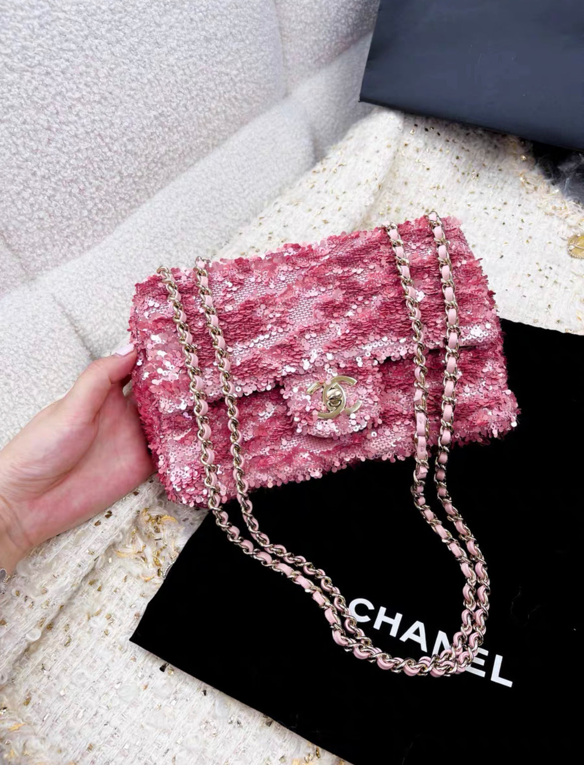 Chanel 23S Small Flap Bag Sequins Pink Gold Tone Metal