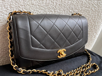 Chanel Vintage Diana Flap Bag in Black Lambskin with 24k Hardware