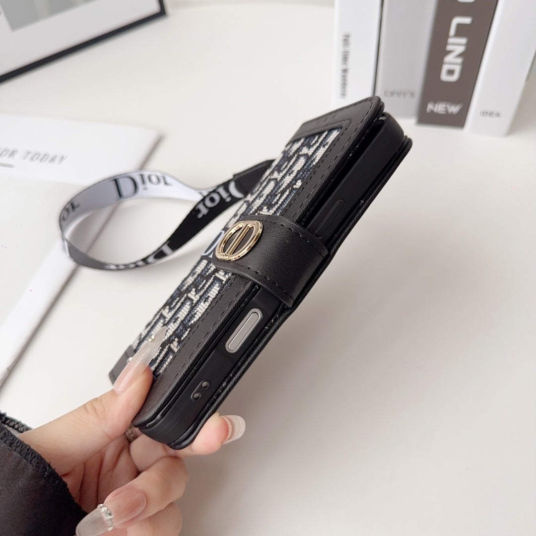 Dior Oblique Monogram Flip Wallet Phone Case With Brand Wrist Strap