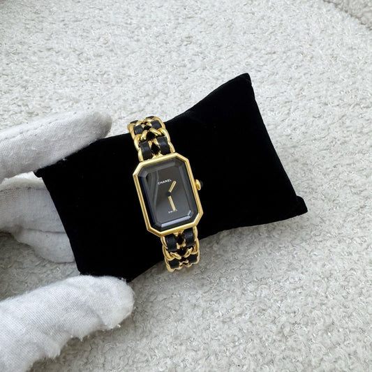 Chanel Vintage Premiere Watch in 24K Gold Plated HW and Black Leather Size M (Year 1991)