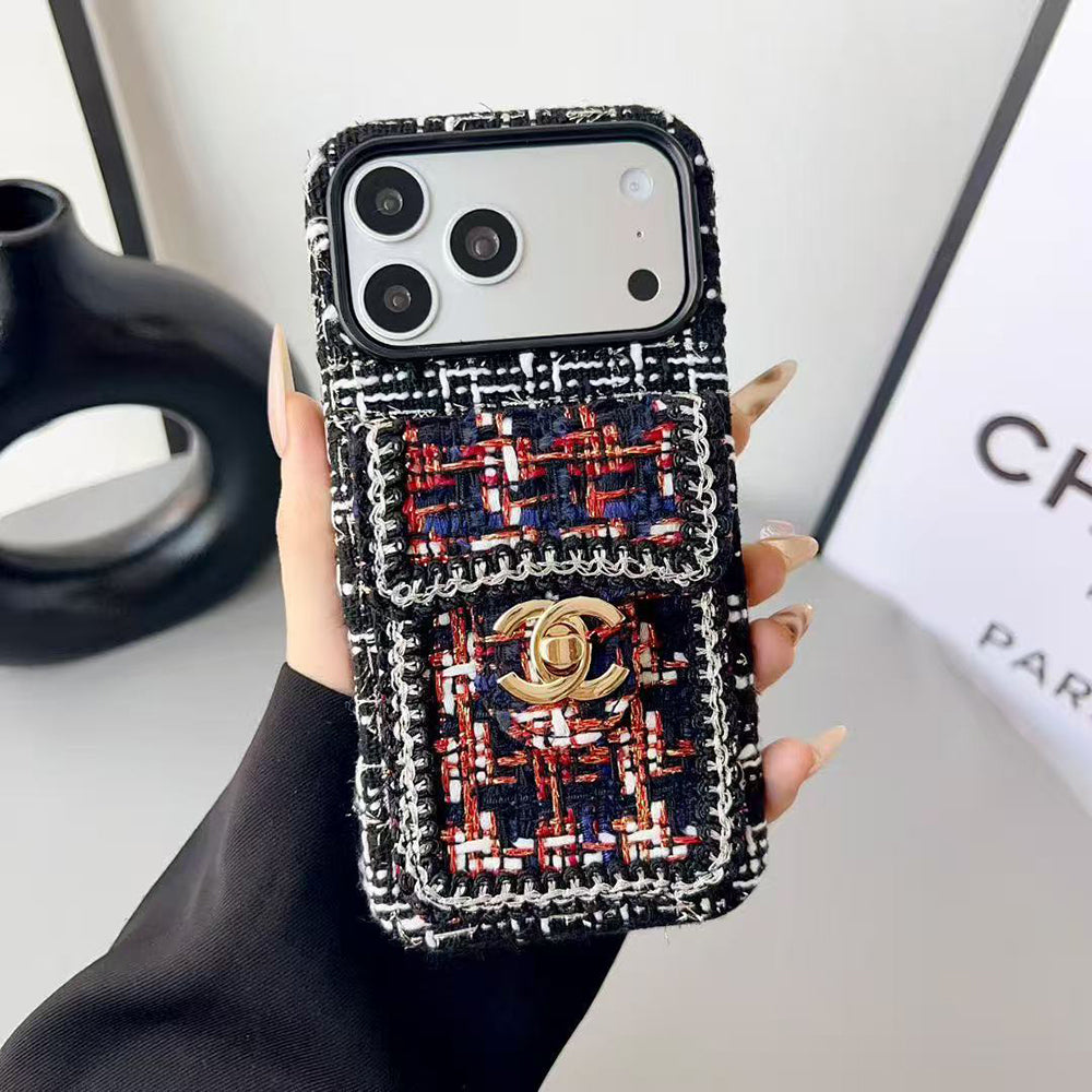 Chanel Style Tweed Quilted Card Holder Wallet Luxury Phone Case