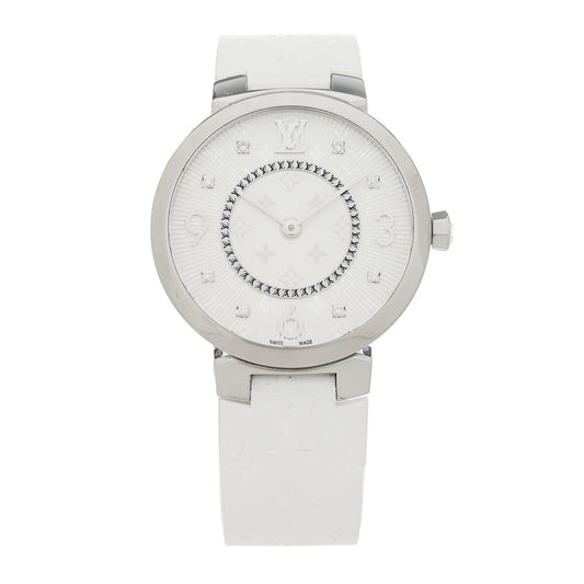 Stainless Steel Rubber Diamond 33mm Tambour Slim Quartz Watch White