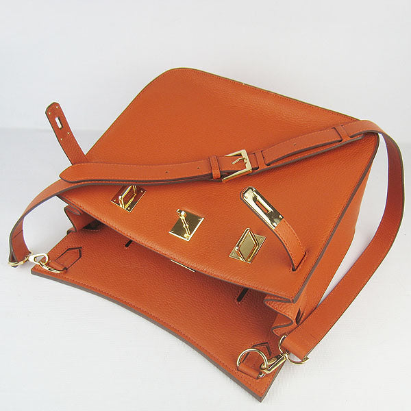 Luxury Hermes Leather Shoulder Bag Orange Golden