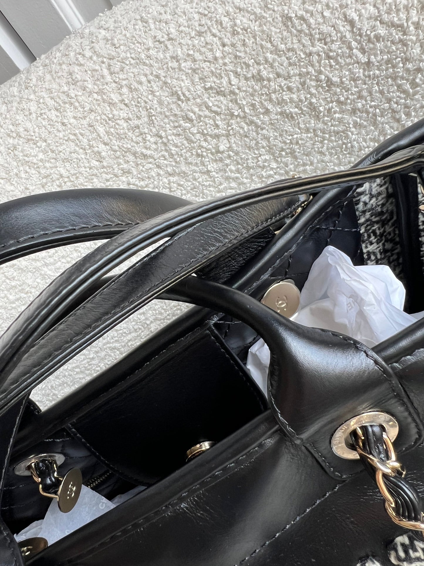Chanel Deauville Tote in Black Glazed Calfskin and Monochrome Boucle Tweed (RRP £5800)