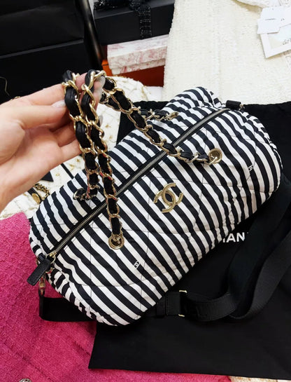 Chanel 24M Coco Beach Black And White Striped Bowling Bag
