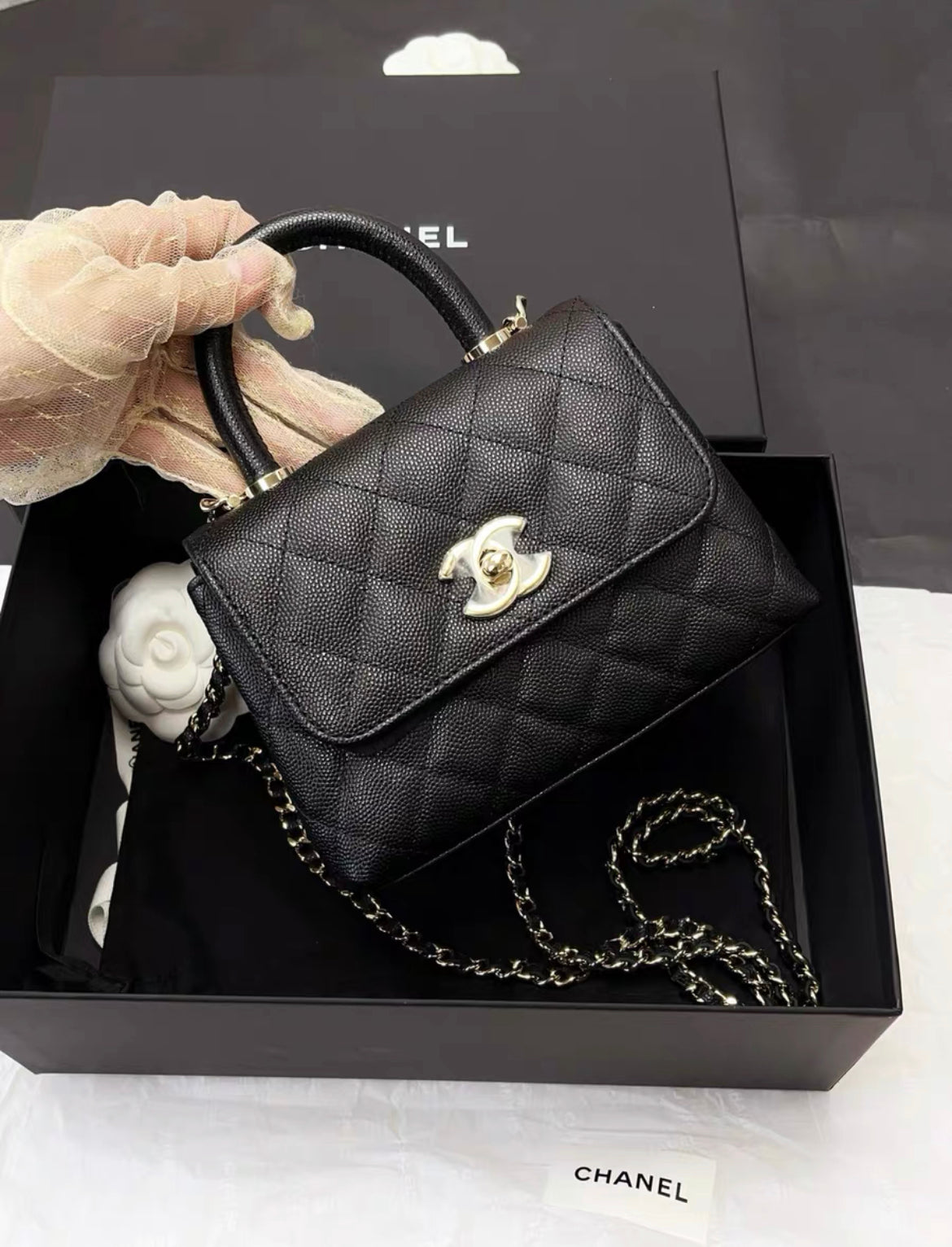 Chanel 24K Nano Coco Top Handle Flap Bag Black Caviar Light Gold Hardware