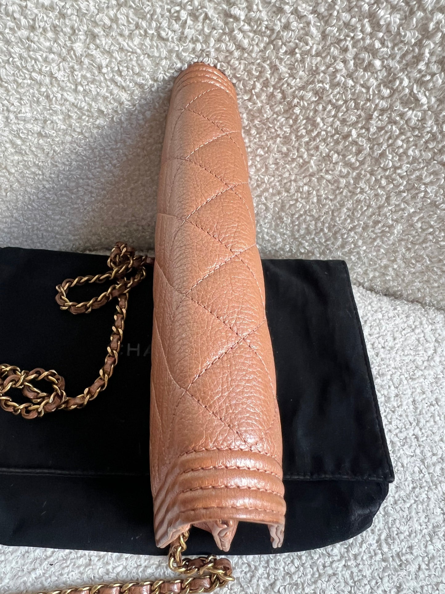 Chanel Dark Beige Quilted Caviar Boy Wallet on Chain