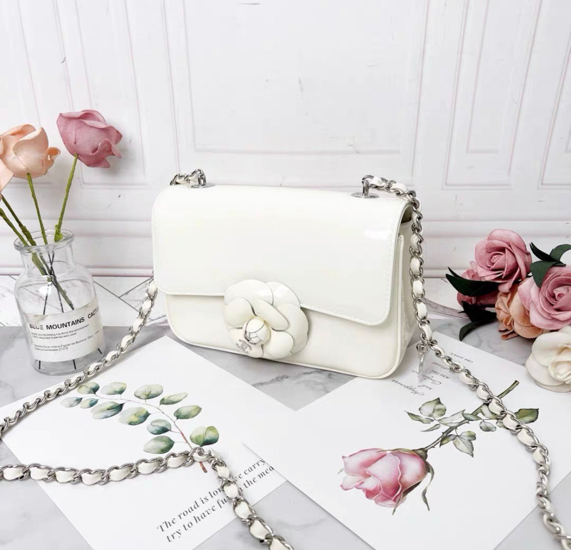 Chanel 23K White Patent Leather Camellia Large Mini Shoulder Bag