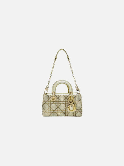 Christian Dior Lady D-Joy Size Micro Peral Embroidered Gold Leather Shoulder Bag