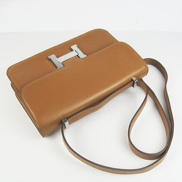 Luxury Hermes Calf Leather Message Bag Light Coffee Silver