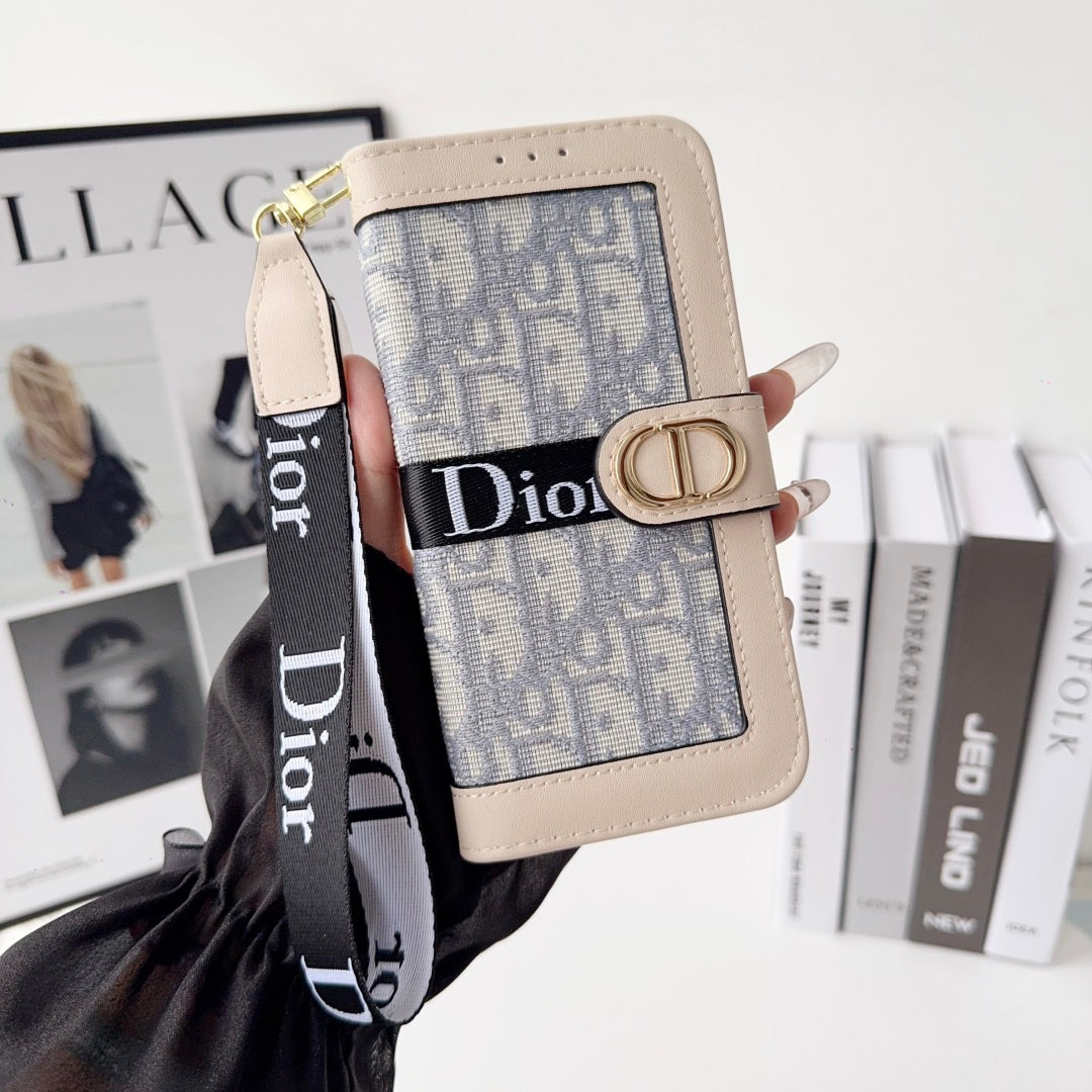 Dior Oblique Monogram Flip Wallet Phone Case With Brand Wrist Strap