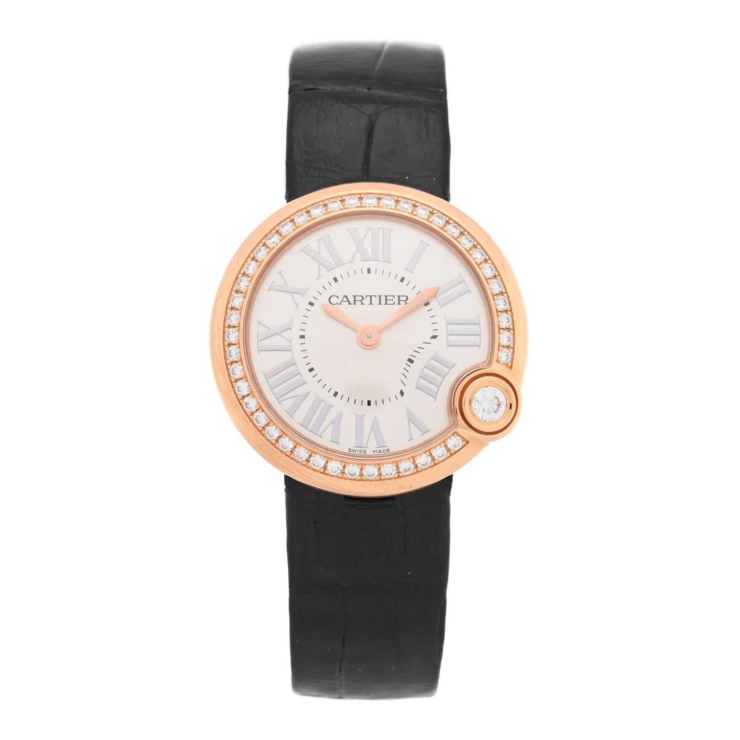 18K Pink Gold Alligator Diamond Bezel 30mm Ballon Blanc De Cartier Quartz Watch