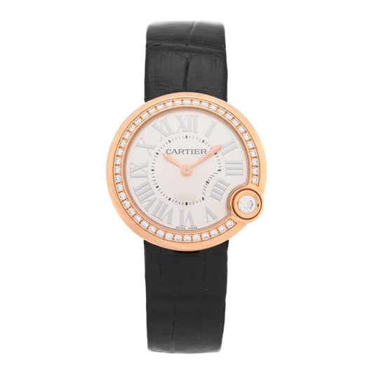 18K Pink Gold Alligator Diamond Bezel 30mm Ballon Blanc De Cartier Quartz Watch