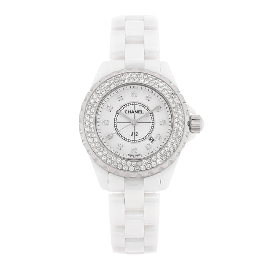 Stainless Steel Ceramic Diamond Pave Bezel 33mm J12 Quartz Watch White