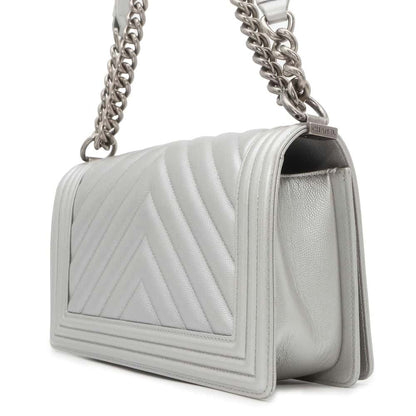 Chanel Boy Chanel Chevron ChainShoulder Bag Silver A67086 Caviar Leather Size 25
