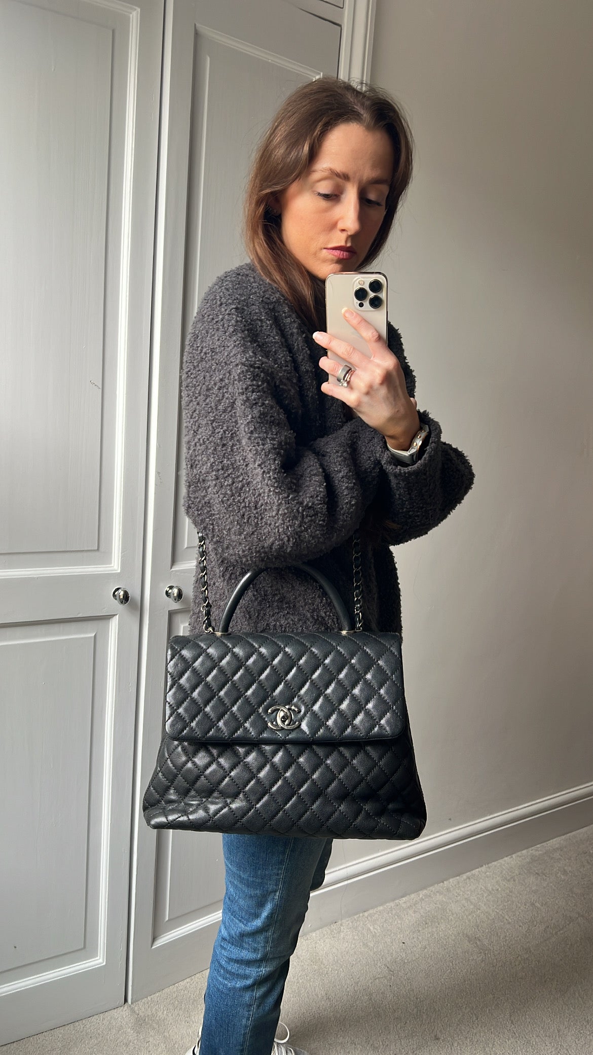 Chanel Black Quilted Caviar Leather Medium Coco Handle Bag