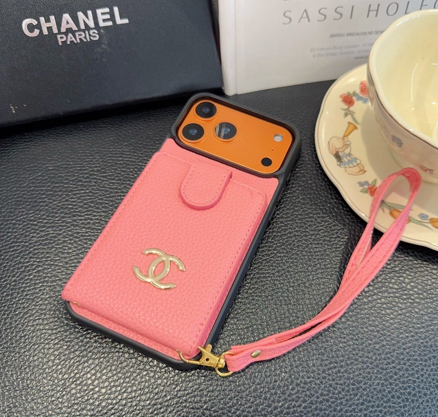 Chanel Style Leather Flip Card Holder Crossbody Phone Case