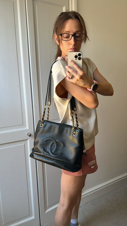 Chanel Vintage Black Caviar Chain Tote with Gold Hardware