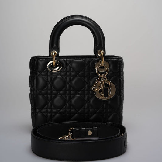 Christian Dior Black Small Lady Dior Bag In Cannage Lambskin Leather With Gold Hardware