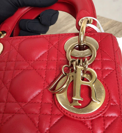 Lady Dior Red Mini handbag Cannage Leather with strap