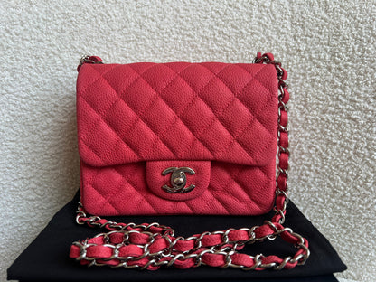 Chanel Square Mini Classic Flap in Coral Red Suede Caviar