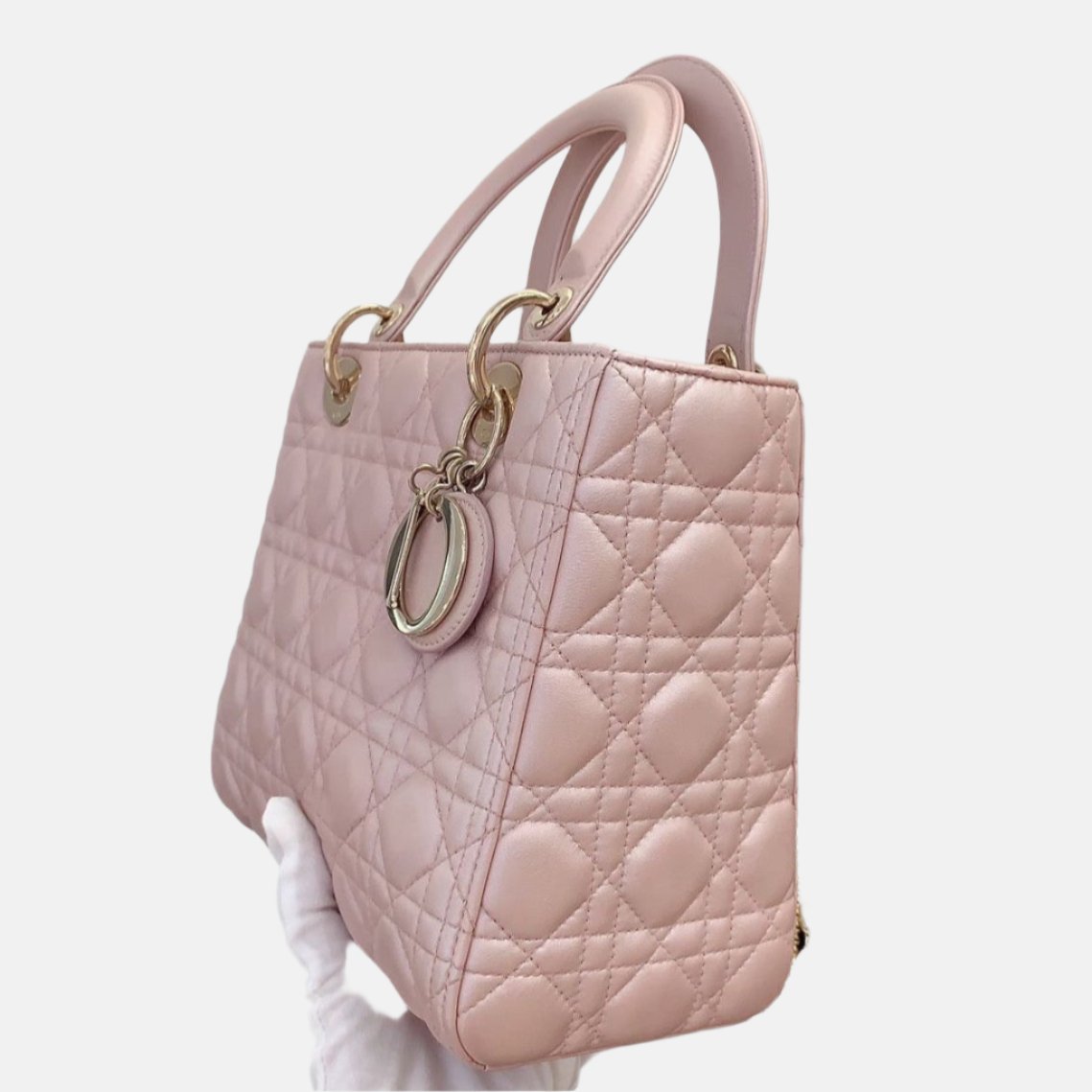 Lady Dior Medium Handbag Pearlescent Pink Cannage Leather Gold Hardware