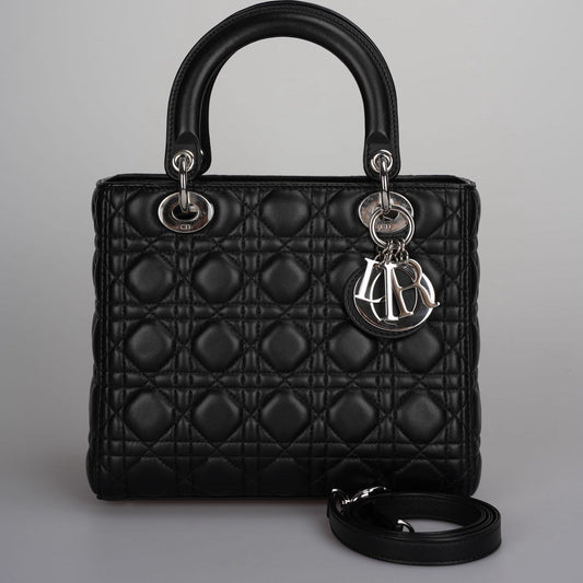 Christian Dior Black Medium Lady Dior Bag In Cannage Lambskin Leather With Silver Hardware