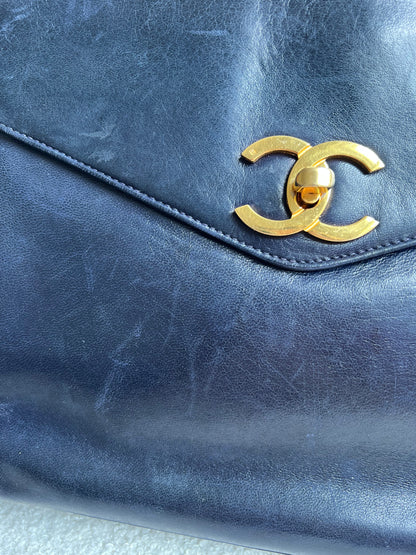 Chanel Vintage Navy Lambskin Chain Tote with 24k Gold Hardware