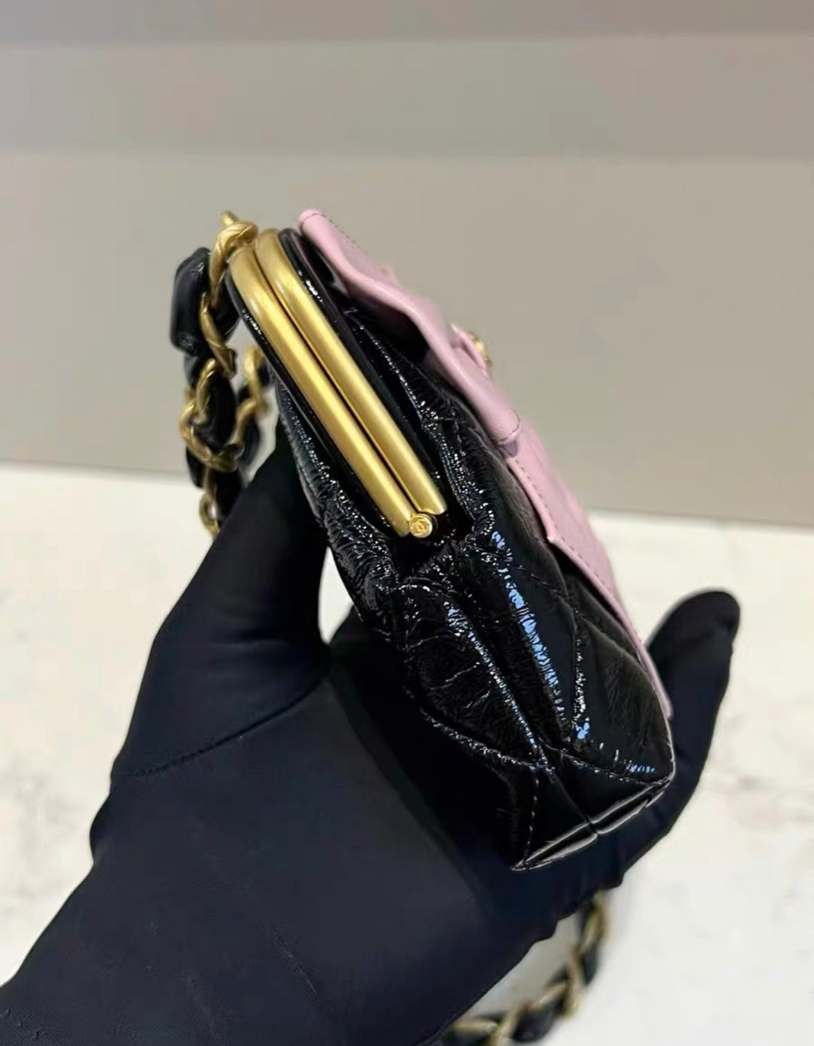Chanel Mini Clutch With Bow Crossbody Bag Black Shiny Lambskin And Pink Patent Crumpled Lambskin Antique Gold Hardware