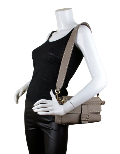 Fendi Grey Selleria Leather NM Baguette Bag w/ Stitched Trim
