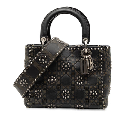 Black Dior Medium Calfskin Cannage Embossed Flower Studded Supple Lady Dior Satchel