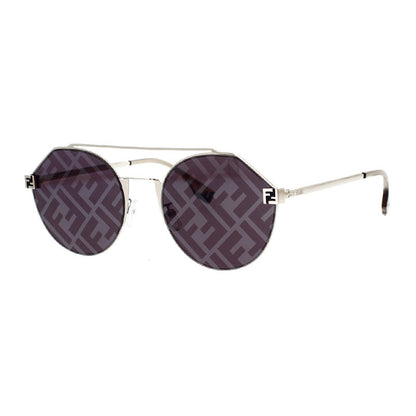 Fendi Sunglasses Round Full Rim, Silver Frame and Blue with FF Pattern Mirror Lens FE40060U16X