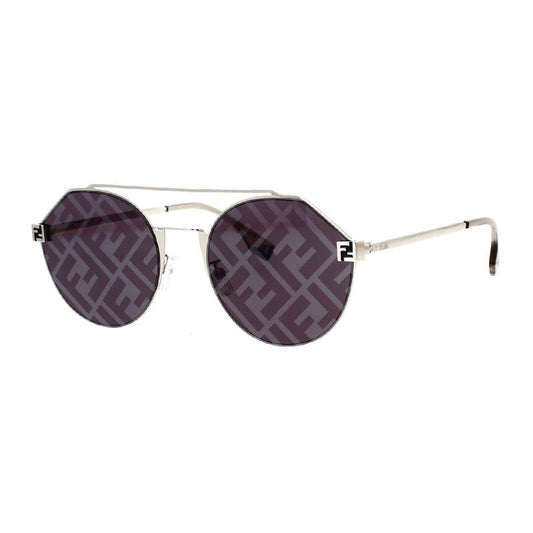 Fendi Sunglasses Round Full Rim, Silver Frame and Blue with FF Pattern Mirror Lens FE40060U16X