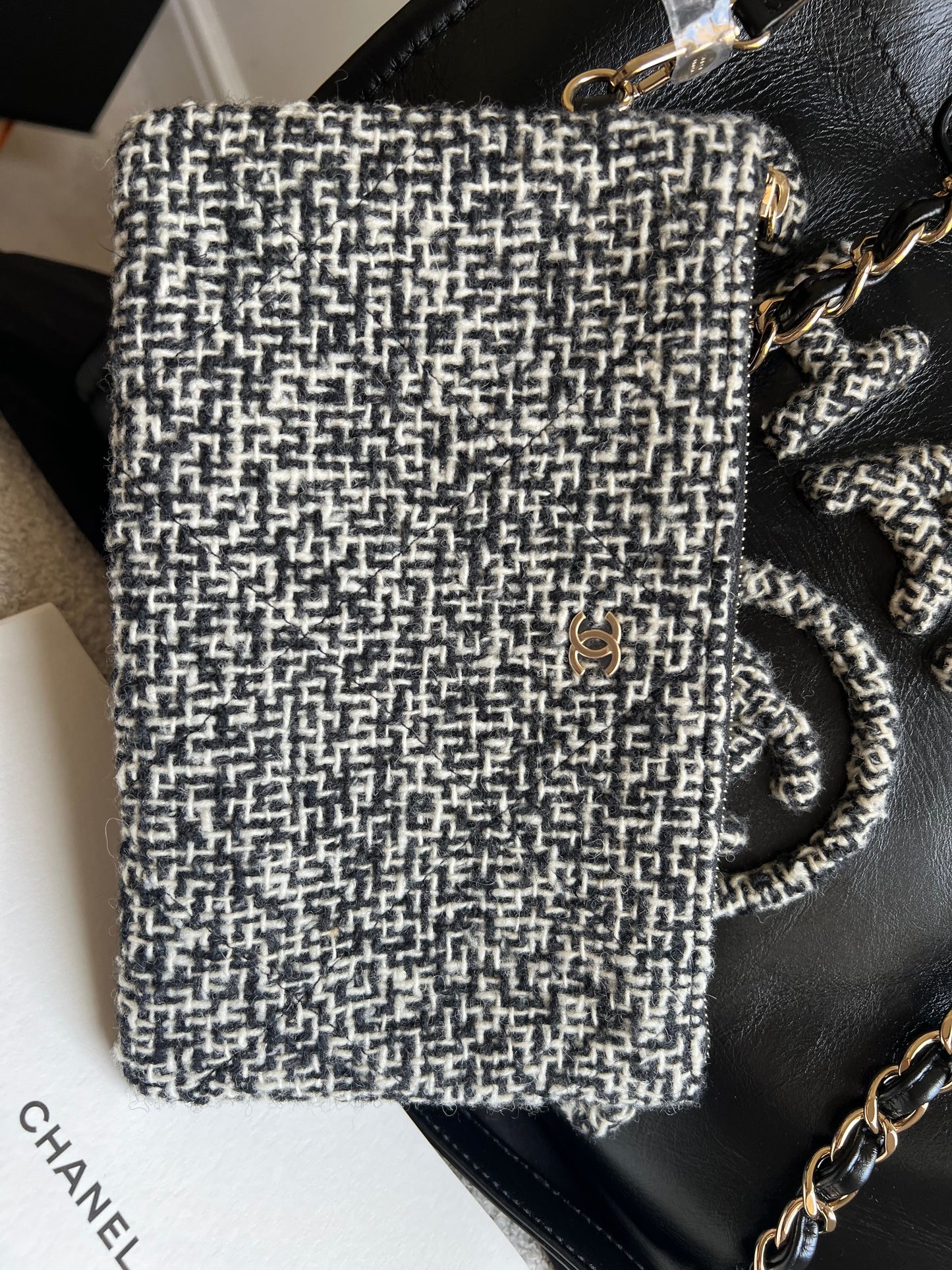 Chanel Deauville Tote in Black Glazed Calfskin and Monochrome Boucle Tweed (RRP £5800)