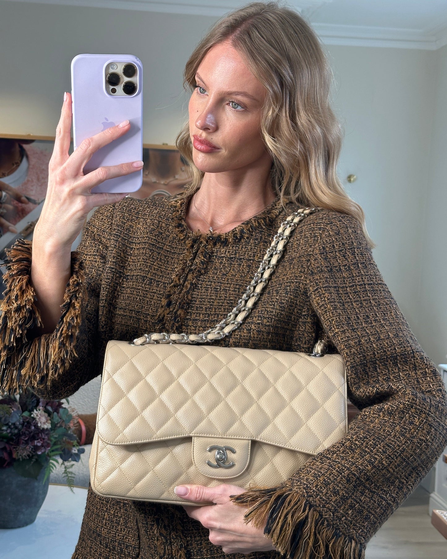 Chanel Flap Classic Caviar Leather Beige Silver Shoulder Bag Style