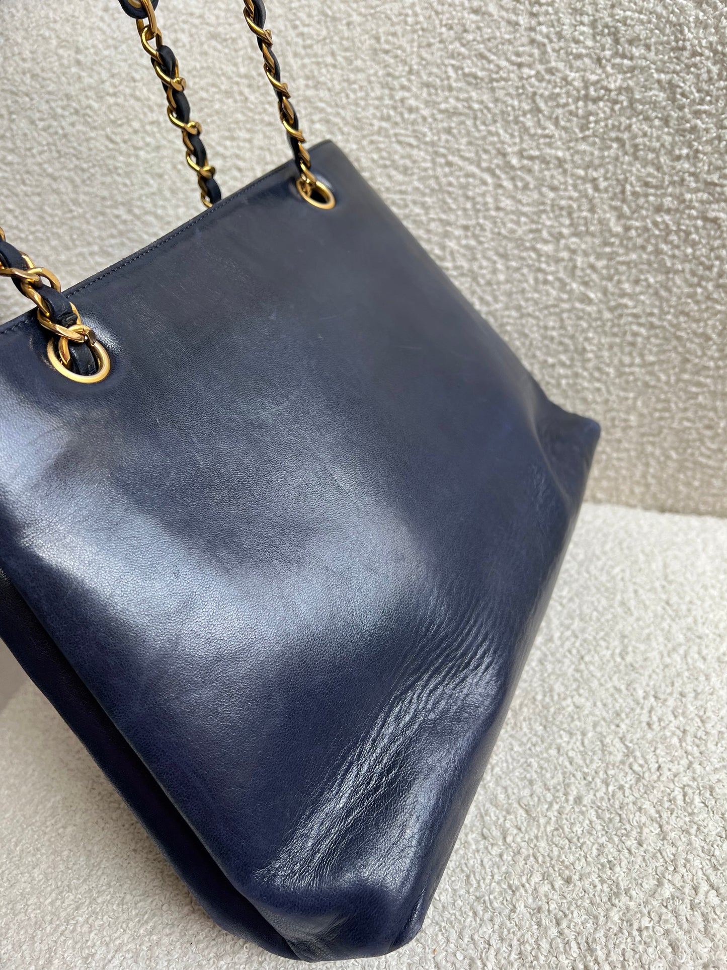 Chanel Vintage Navy Lambskin Chain Tote with 24k Gold Hardware