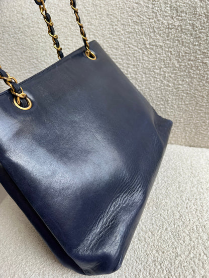 Chanel Vintage Navy Lambskin Chain Tote with 24k Gold Hardware