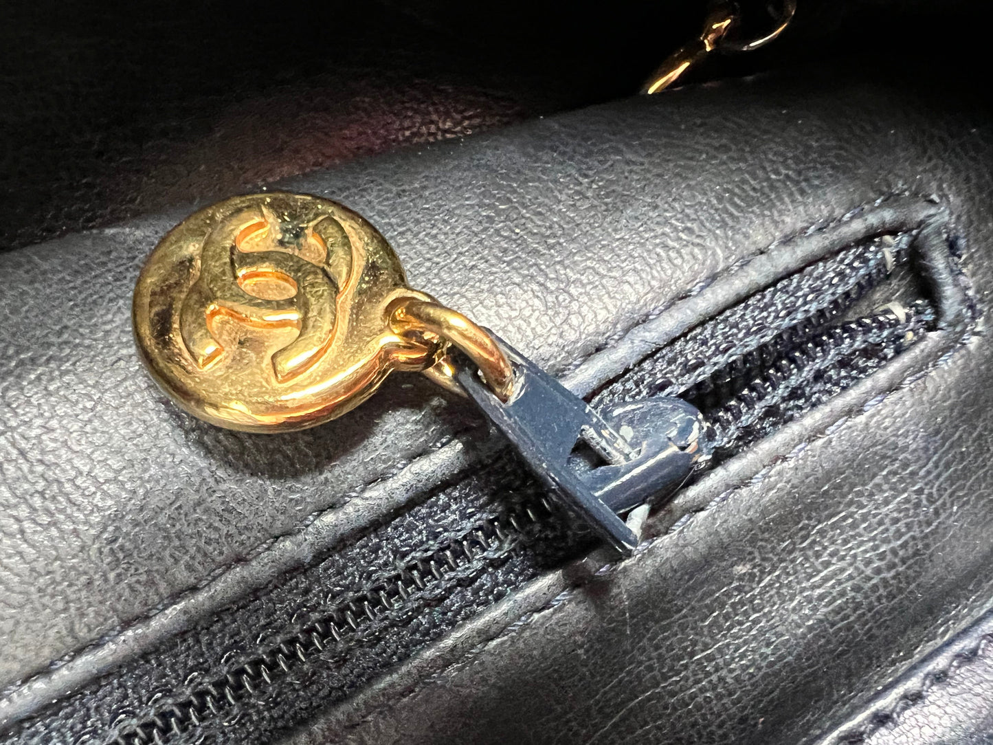Chanel Vintage Navy Lambskin Chain Tote with 24k Gold Hardware