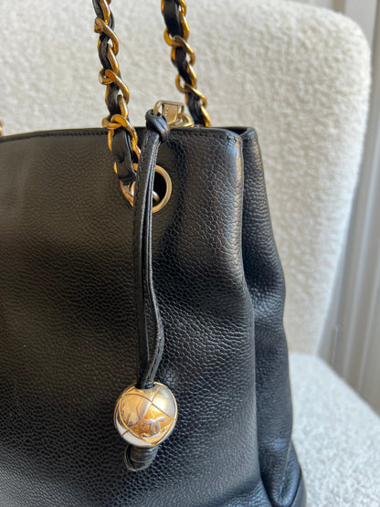 Chanel Vintage Black Caviar Chain Tote with Gold Hardware