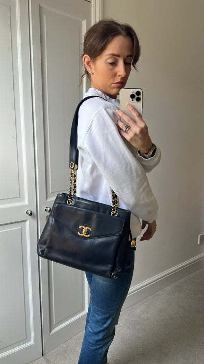 Chanel Vintage Navy Lambskin Chain Tote with 24k Gold Hardware