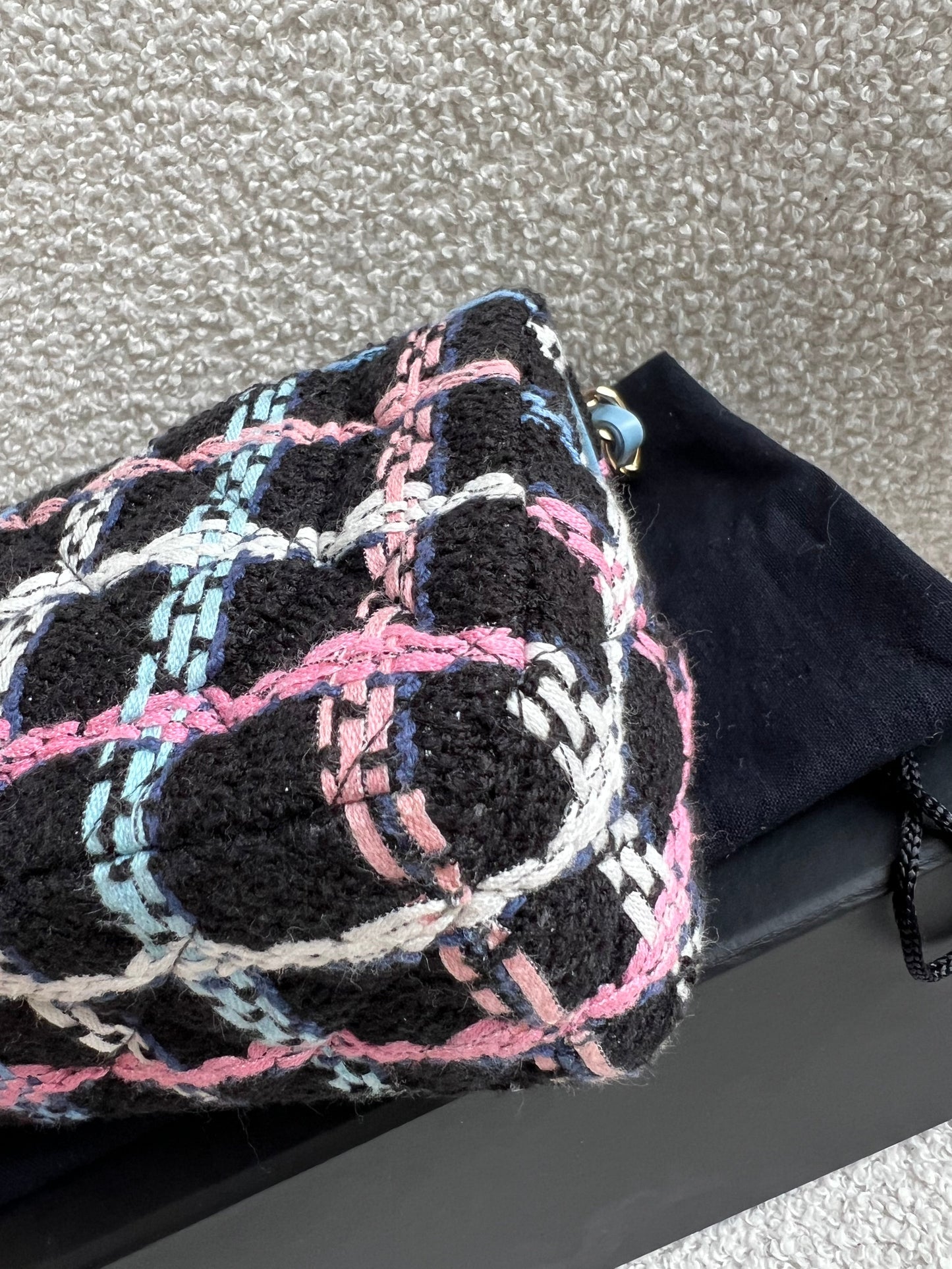 Chanel Classic Quilted Rectangular Mini Flap Bag in Multi Coloured Boucle Tweed and Champagne Gold Hardware (RRP £4390)