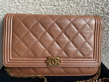Chanel Dark Beige Quilted Caviar Boy Wallet on Chain