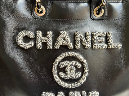 Chanel Deauville Tote in Black Glazed Calfskin and Monochrome Boucle Tweed (RRP £5800)