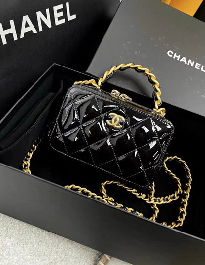 Chanel 22A Patent Black Leather Gold Chain Handle Vanity Case Mini Rectangular Bag Classic Top Handle