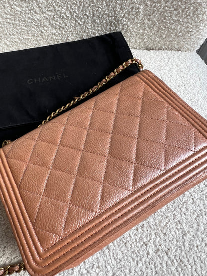 Chanel Dark Beige Quilted Caviar Boy Wallet on Chain