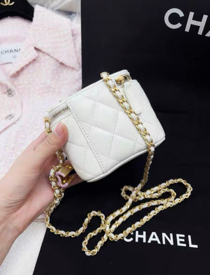 Chanel 24A Pink Enamel Double C White Leather Gold Chain Vanity Case Bag